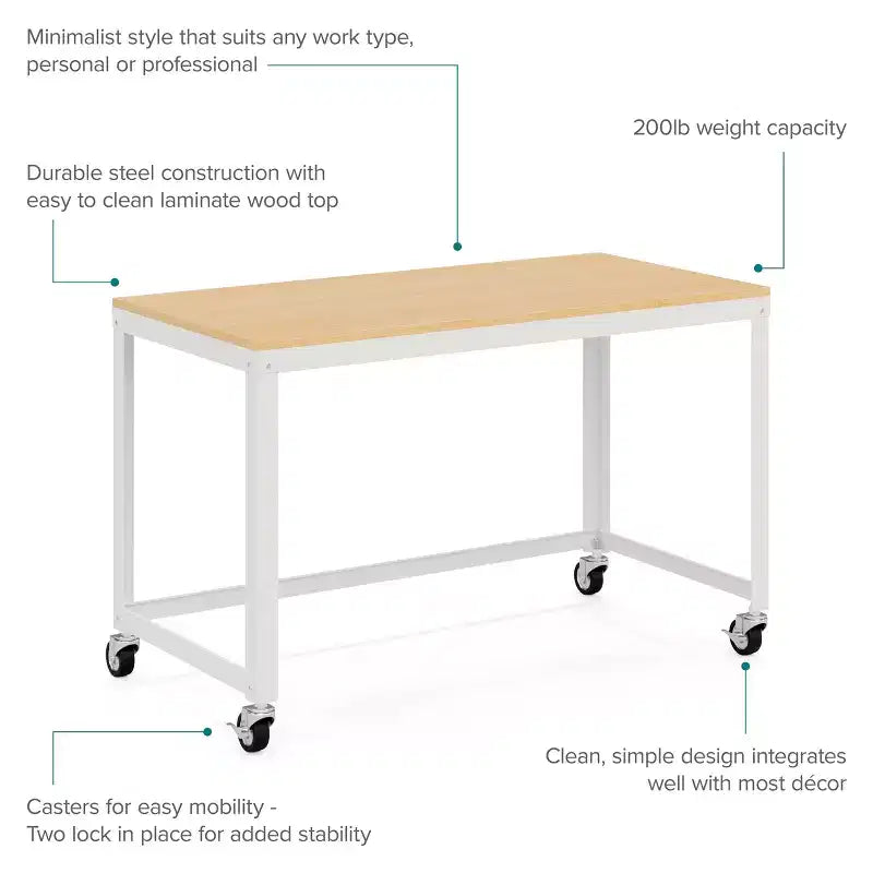 Bureau mobile en métal de 48 po de large pour bureau à domicile avec plateau en érable - Solutions d'espace
