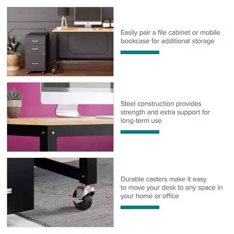 Bureau mobile en métal de 48 po de large pour bureau à domicile avec plateau en érable - Solutions d'espace
