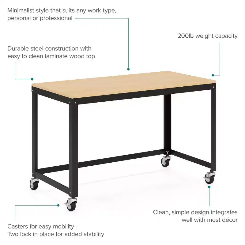 Bureau mobile en métal de 48 po de large pour bureau à domicile avec plateau en érable - Solutions d'espace