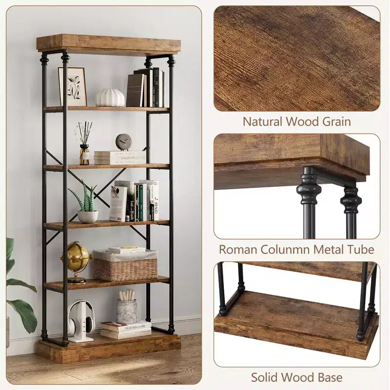 Étagère Industrielle Whizmax Bibliothèque en Bois 6 Niveaux Rangement Ouvert Étagère Cadre Métallique pour Chambre, Salon et Bureau à Domicile