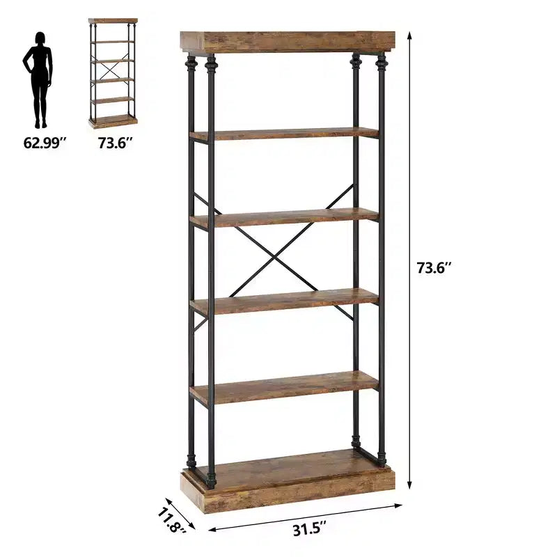 Étagère Industrielle Whizmax Bibliothèque en Bois 6 Niveaux Rangement Ouvert Étagère Cadre Métallique pour Chambre, Salon et Bureau à Domicile