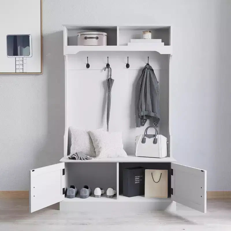 Porte-manteau d'entrée Merrick Lane avec banc, 4 doubles patères, rangement supérieur et rangement sous le banc à double porte
