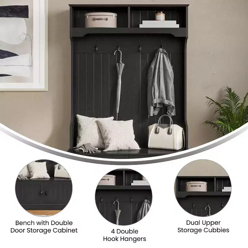 Porte-manteau d'entrée Merrick Lane avec banc, 4 doubles patères, rangement supérieur et rangement sous le banc à double porte