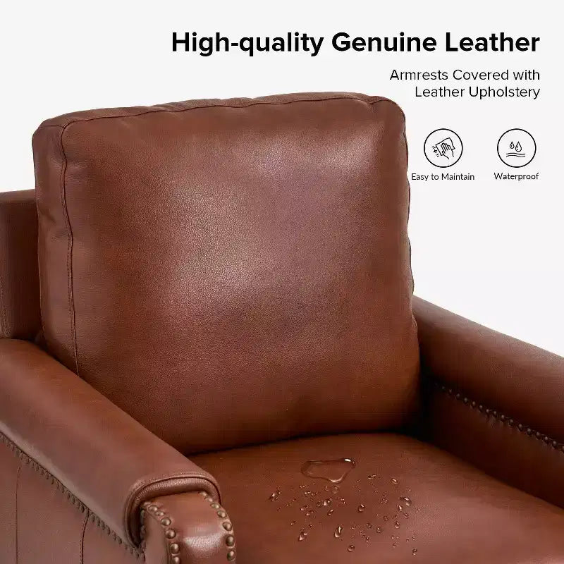 Fauteuil Hellmuth en cuir véritable avec coussin amovible et garnitures cloutées | HULALA HOME