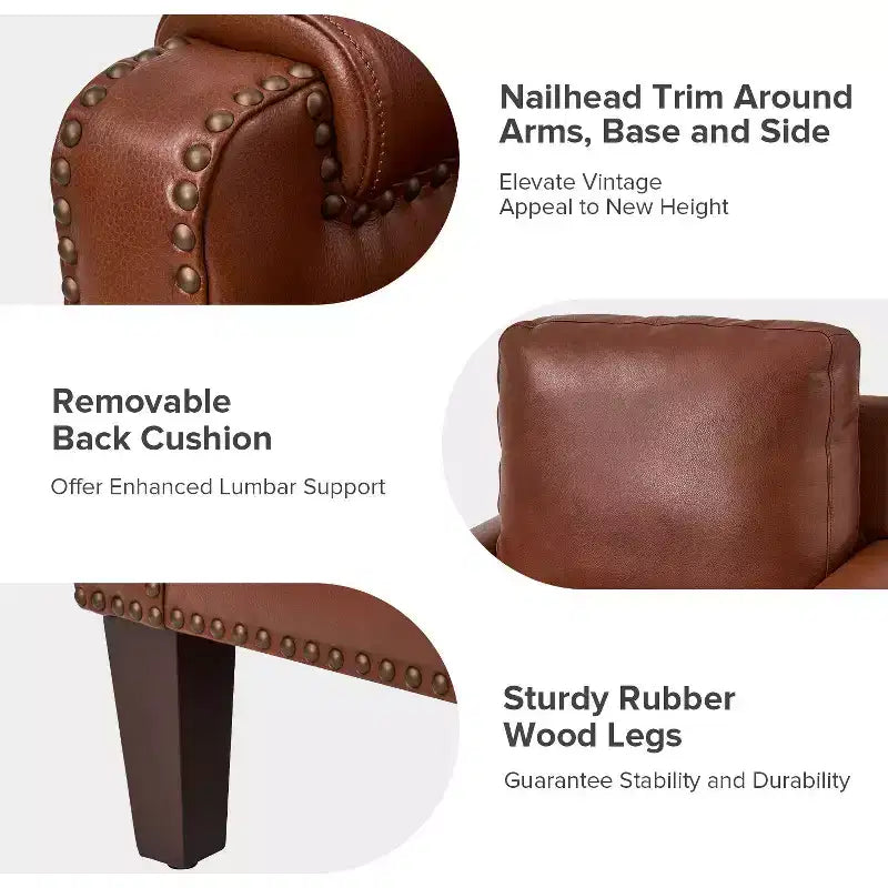 Fauteuil Hellmuth en cuir véritable avec coussin amovible et garnitures cloutées | HULALA HOME