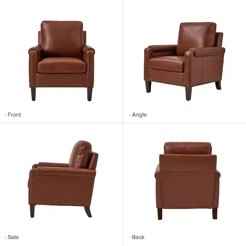 Fauteuil Hellmuth en cuir véritable avec coussin amovible et garnitures cloutées | HULALA HOME