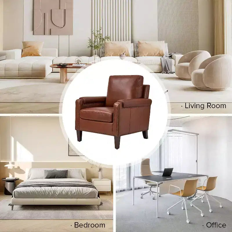 Fauteuil Hellmuth en cuir véritable avec coussin amovible et garnitures cloutées | HULALA HOME