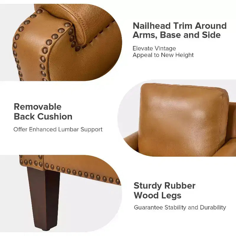 Fauteuil Hellmuth en cuir véritable avec coussin amovible et garnitures cloutées | HULALA HOME