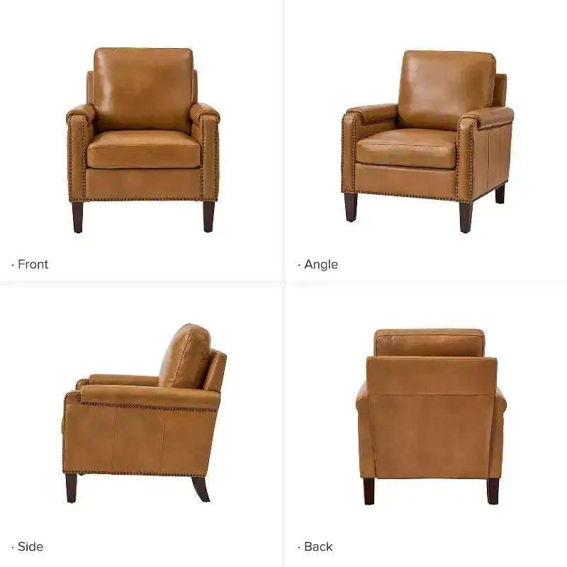 Fauteuil Hellmuth en cuir véritable avec coussin amovible et garnitures cloutées | HULALA HOME