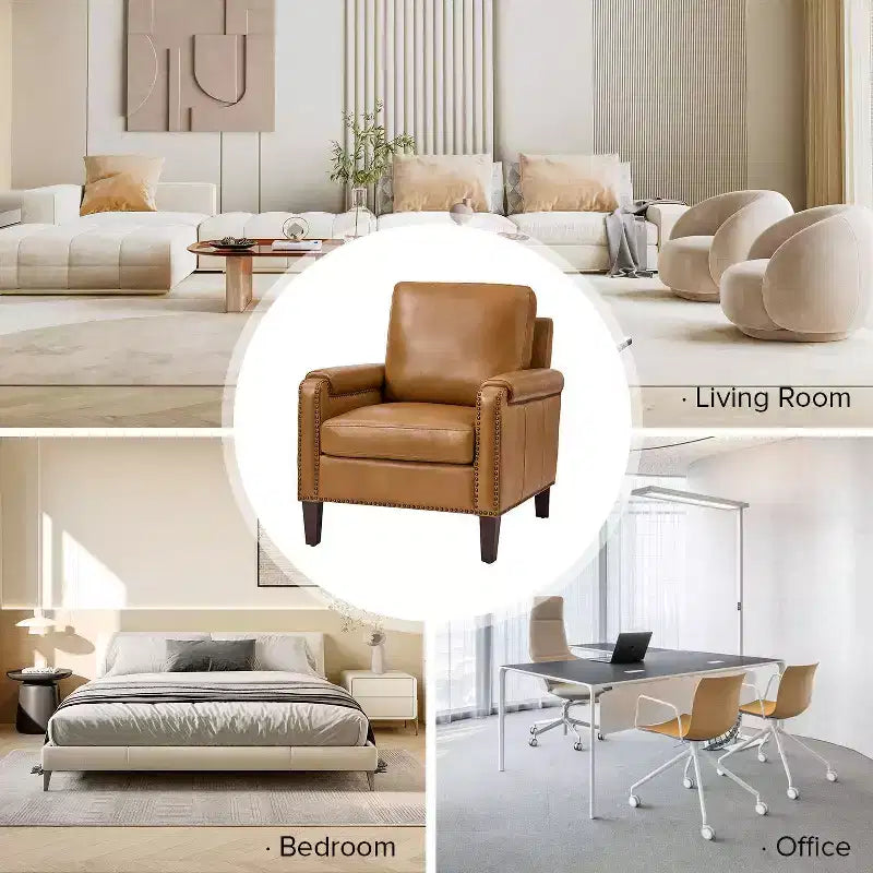 Fauteuil Hellmuth en cuir véritable avec coussin amovible et garnitures cloutées | HULALA HOME
