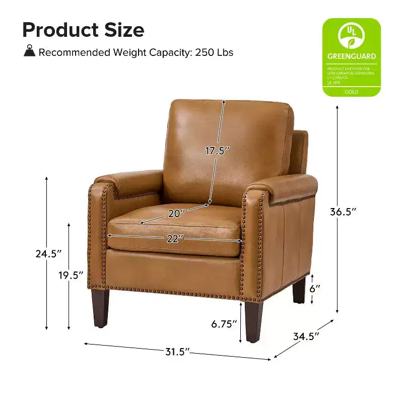 Fauteuil Hellmuth en cuir véritable avec coussin amovible et garnitures cloutées | HULALA HOME
