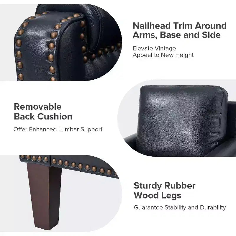 Fauteuil Hellmuth en cuir véritable avec coussin amovible et garnitures cloutées | HULALA HOME