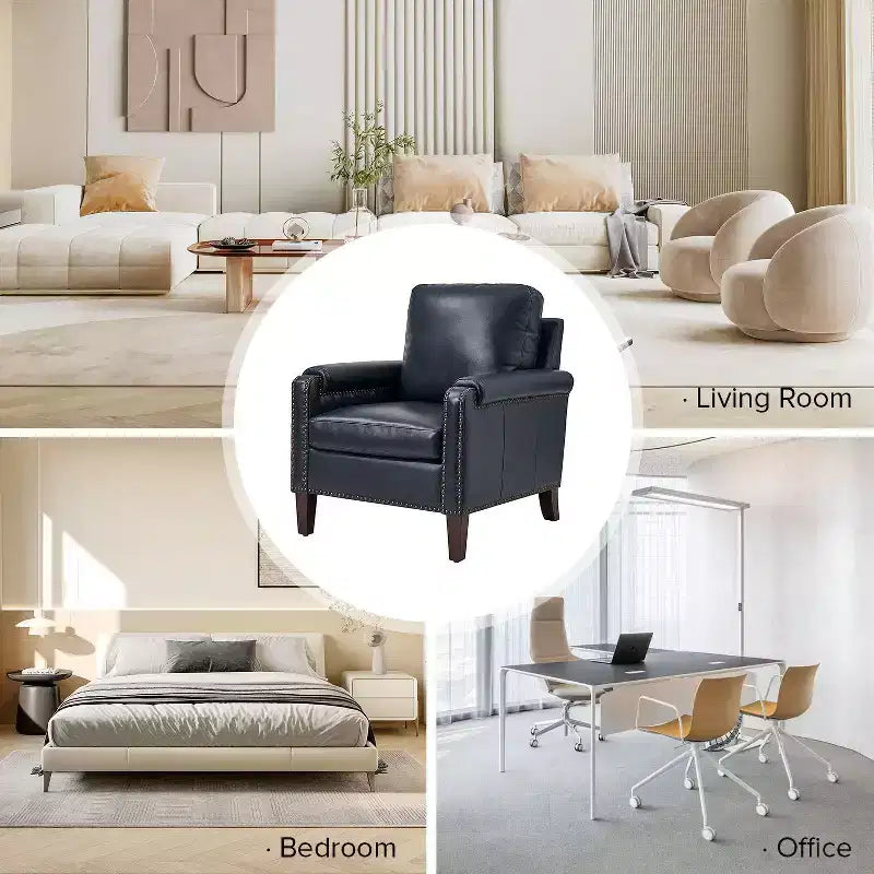 Fauteuil Hellmuth en cuir véritable avec coussin amovible et garnitures cloutées | HULALA HOME