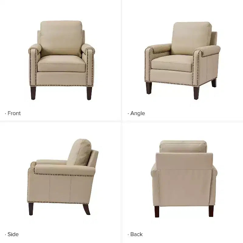 Fauteuil Hellmuth en cuir véritable avec coussin amovible et garnitures cloutées | HULALA HOME