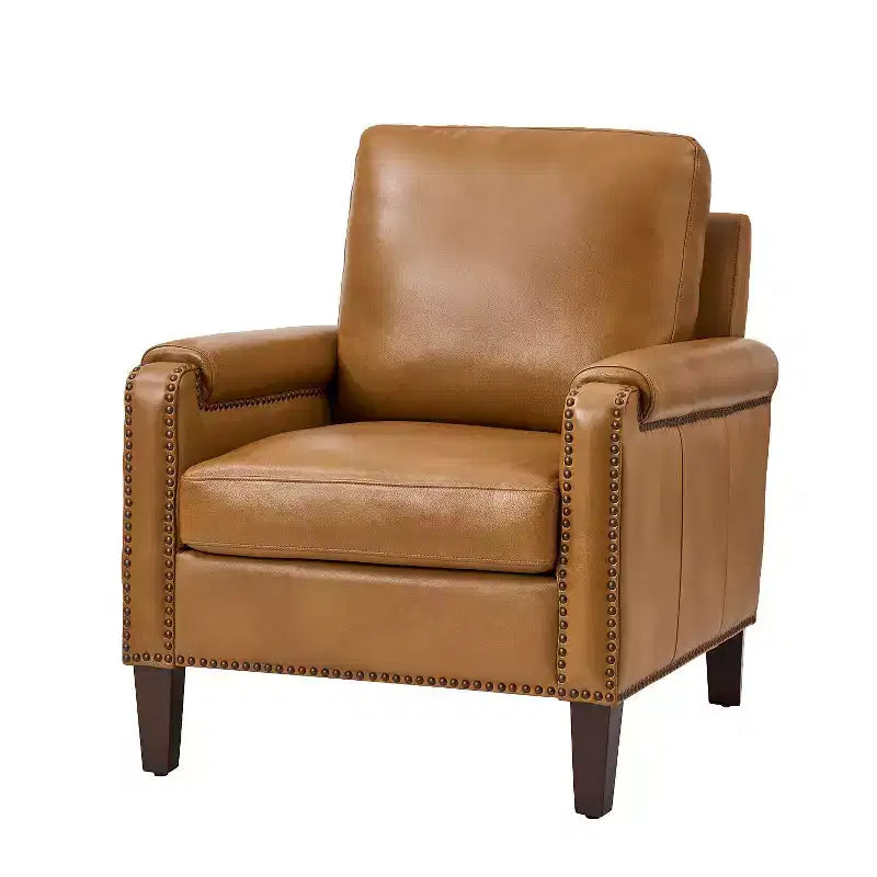Fauteuil Hellmuth en cuir véritable avec coussin amovible et garnitures cloutées | HULALA HOME