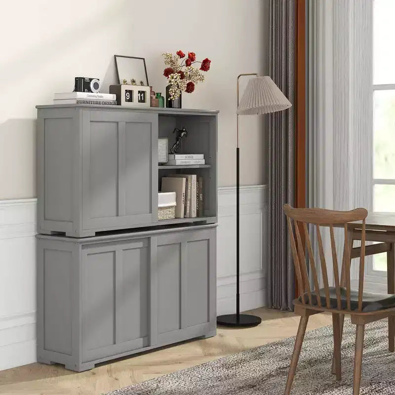 Lot de 2 buffets empilables Costway avec portes coulissantes et étagère réglable Marron/Noir/Gris/Blanc antique