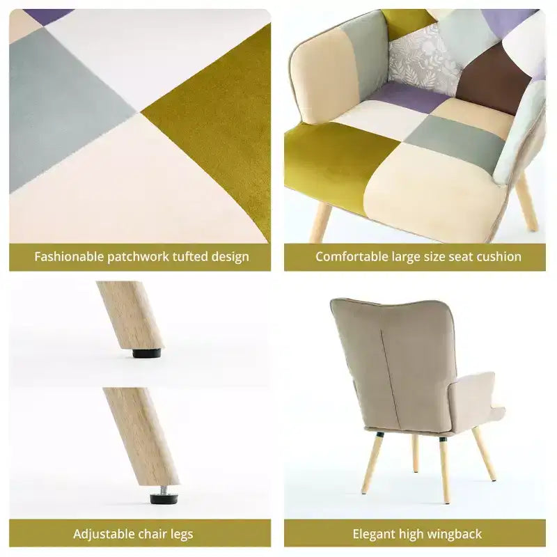 Fauteuil d'appoint à dossier haut capitonné Patchwork FERPIT avec pieds en bois d'hévéa