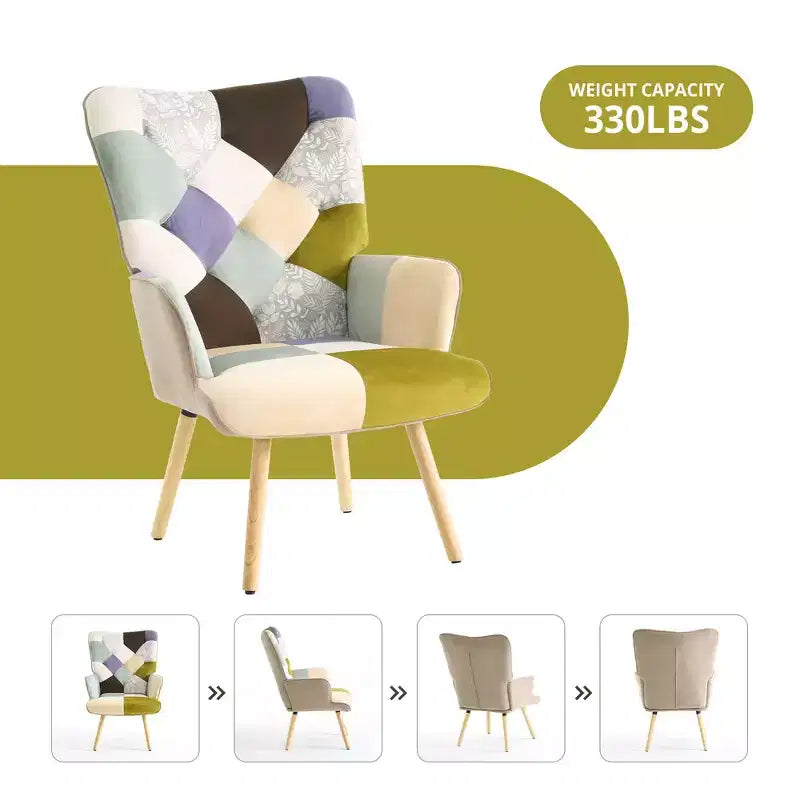 Fauteuil d'appoint à dossier haut capitonné Patchwork FERPIT avec pieds en bois d'hévéa