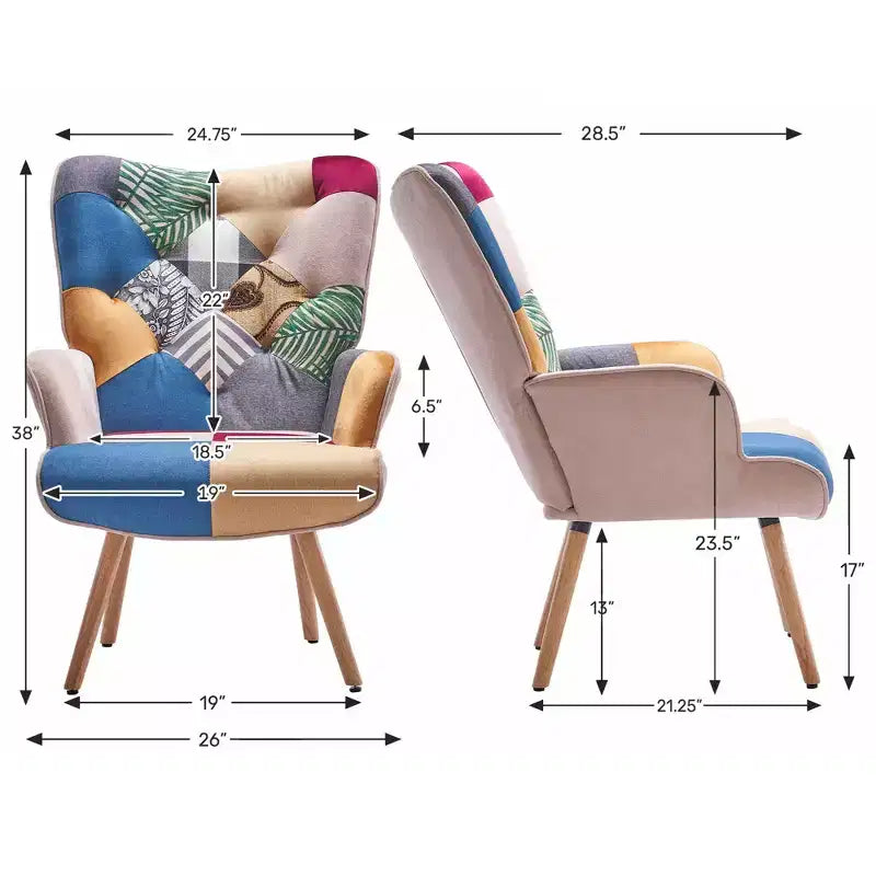 Fauteuil d'appoint à dossier haut capitonné Patchwork FERPIT avec pieds en bois d'hévéa