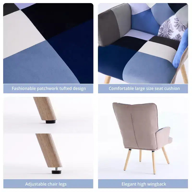 Fauteuil d'appoint à dossier haut capitonné Patchwork FERPIT avec pieds en bois d'hévéa