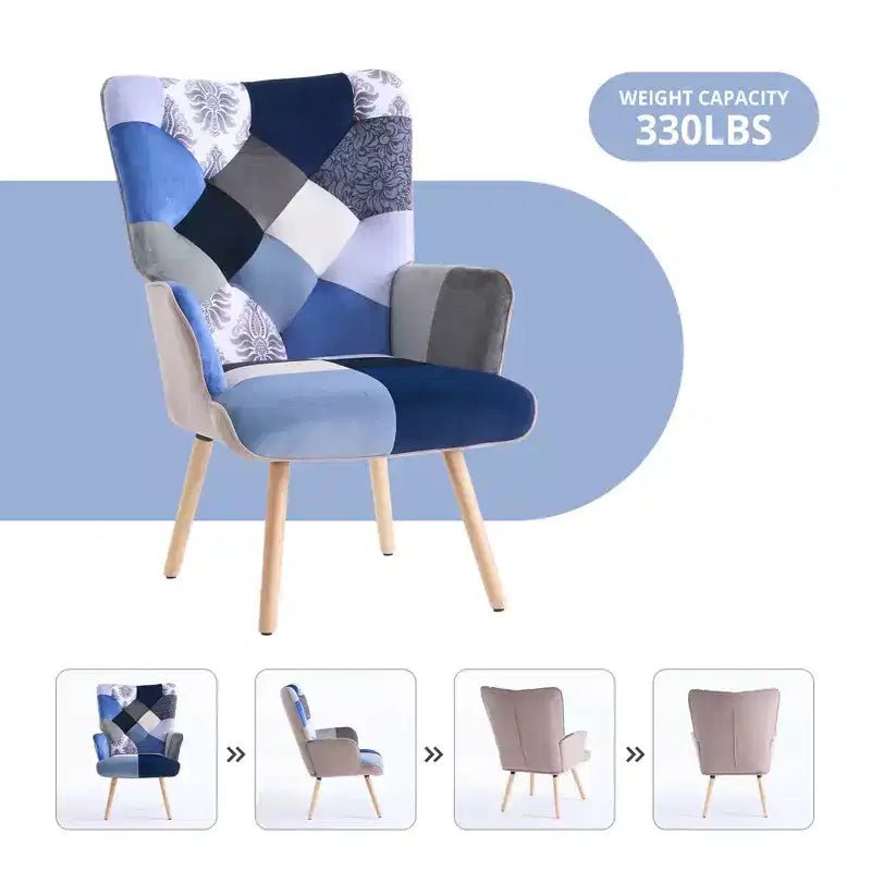 Fauteuil d'appoint à dossier haut capitonné Patchwork FERPIT avec pieds en bois d'hévéa