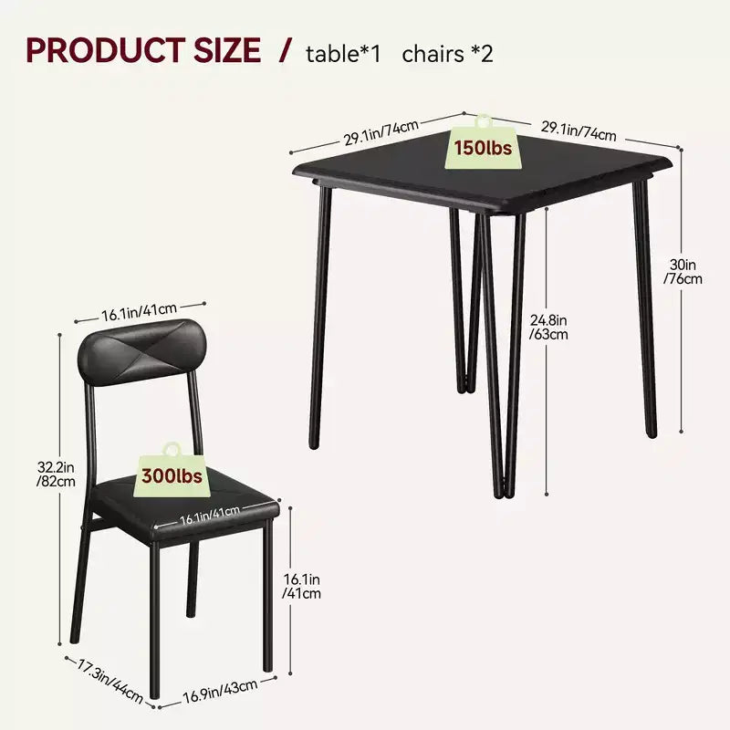 Whizmax Ensemble table à manger pour 2, 3 pièces, table de bar/cuisine carrée, avec chaises rembourrées en PU