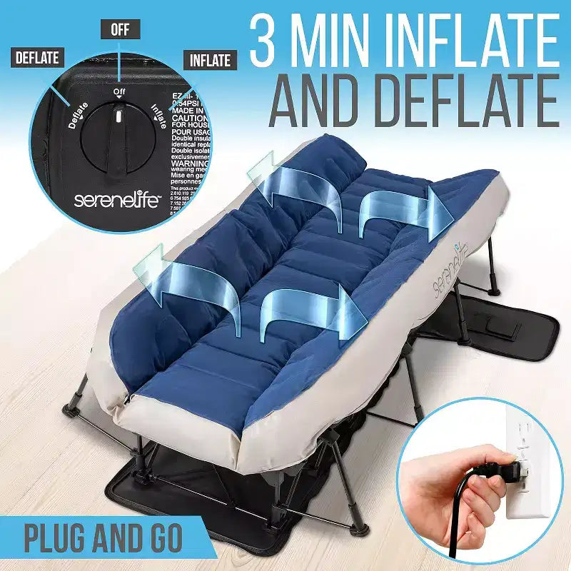Matelas gonflable SereneLife EZ avec cadre et étui à roulettes, lit gonflable autogonflant pliable avec pompe intégrée, double