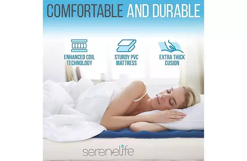 Matelas gonflable SereneLife EZ avec cadre et étui à roulettes, lit gonflable autogonflant pliable avec pompe intégrée, double
