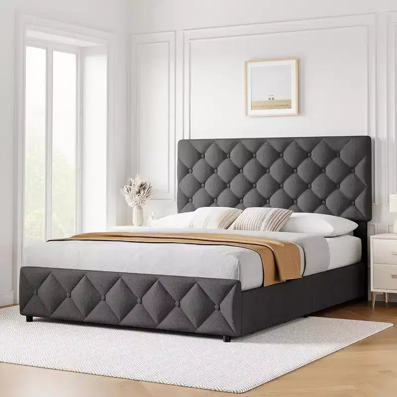 Whizmax — Lit plateforme rembourré en lin avec 4 tiroirs de rangement et tête de lit, capitonné en losange, gris