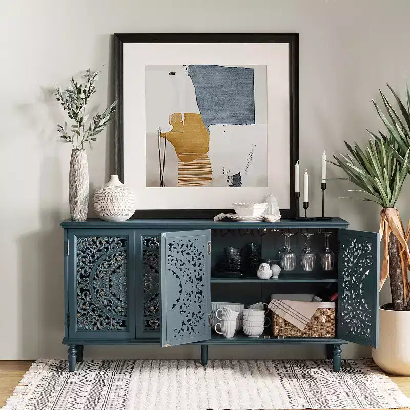 Bahut Emathides de 63 po de large avec pieds en bois massif et éclairage | KARAT HOME