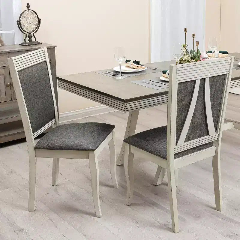 LuxenHome Lot de 2 chaises de salle à manger en bois d'hévéa vieilli blanc cassé et tissu gris