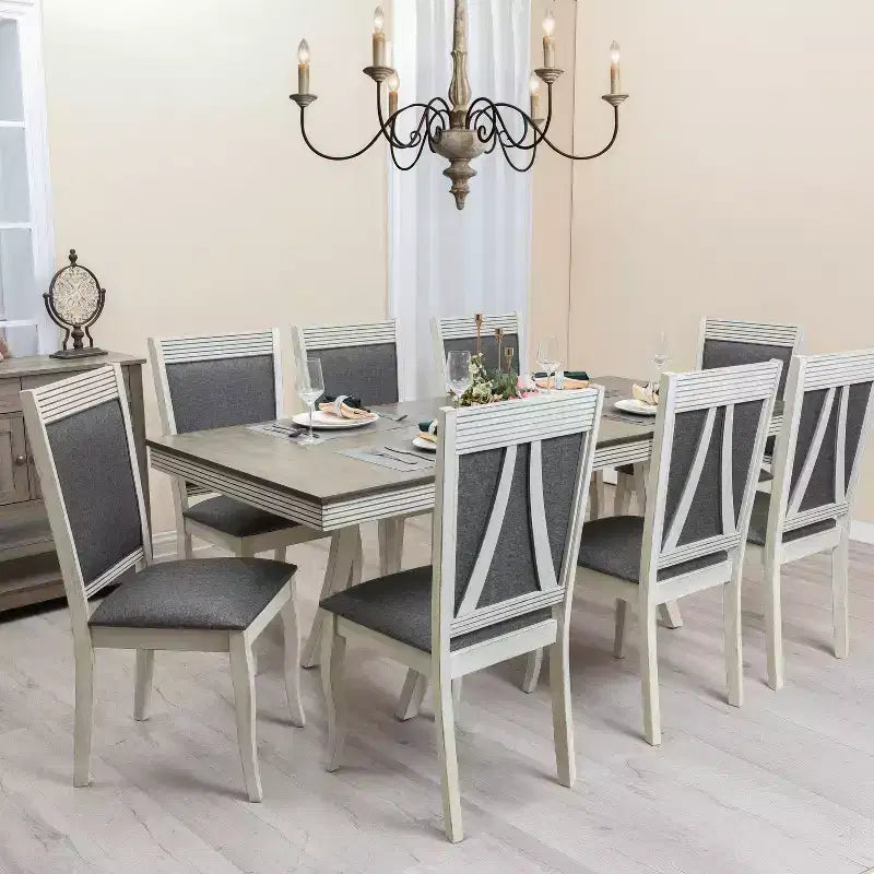 LuxenHome Lot de 2 chaises de salle à manger en bois d'hévéa vieilli blanc cassé et tissu gris
