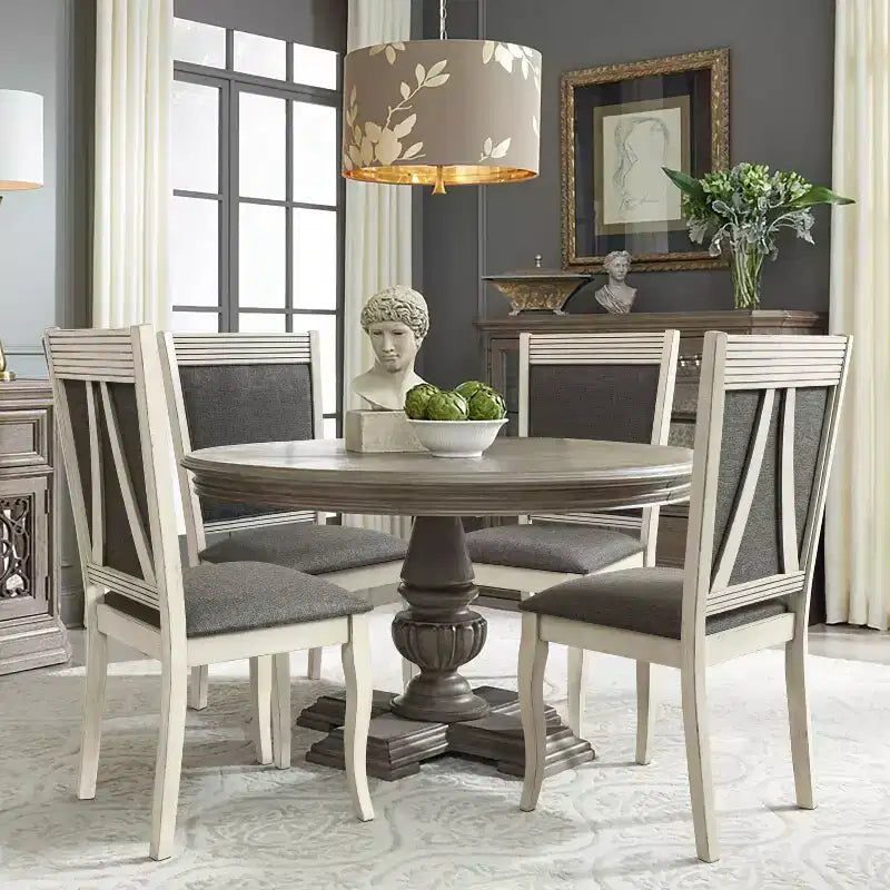LuxenHome Lot de 2 chaises de salle à manger en bois d'hévéa vieilli blanc cassé et tissu gris