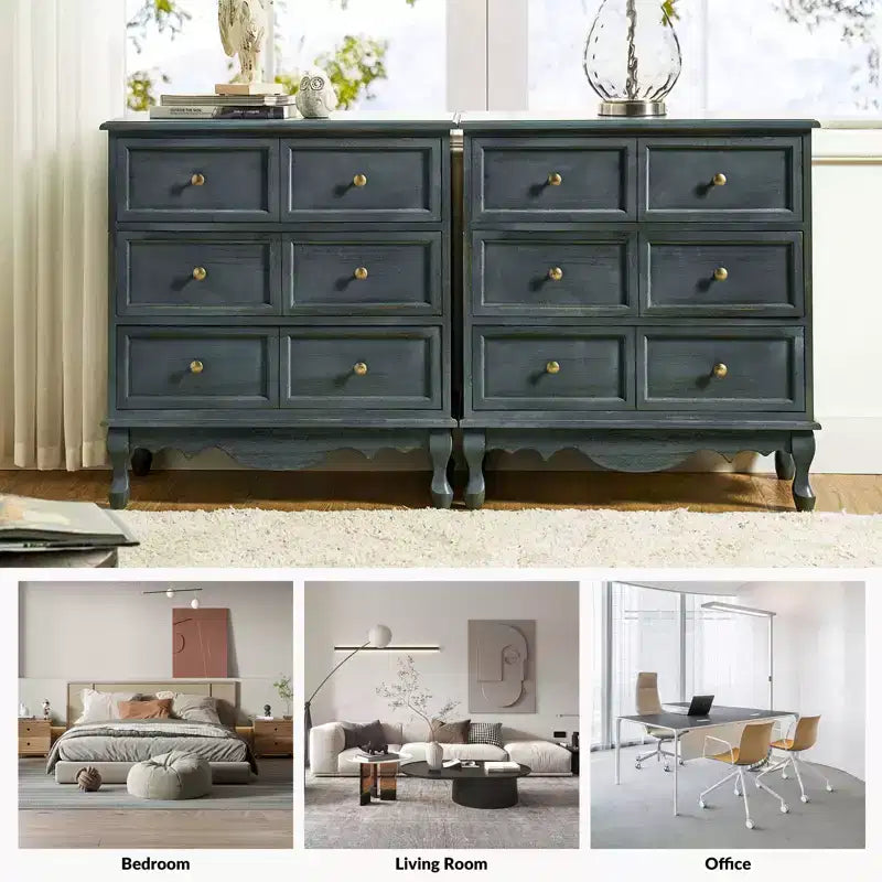 Ensemble de 2 commodes d'appoint traditionnelles Galatea de 81 cm en bois massif avec 3 tiroirs et station de charge | HULALA HOME