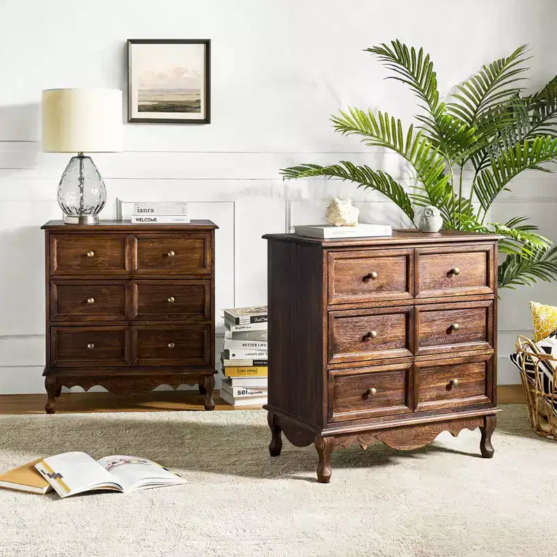 Ensemble de 2 commodes d'appoint traditionnelles Galatea de 81 cm en bois massif avec 3 tiroirs et station de charge | HULALA HOME