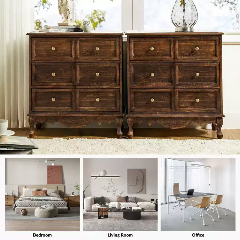 Ensemble de 2 commodes d'appoint traditionnelles Galatea de 81 cm en bois massif avec 3 tiroirs et station de charge | HULALA HOME
