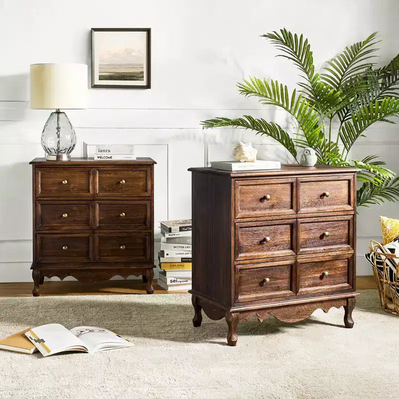 Ensemble de 2 commodes d'appoint traditionnelles Galatea de 81 cm en bois massif avec 3 tiroirs et station de charge | HULALA HOME