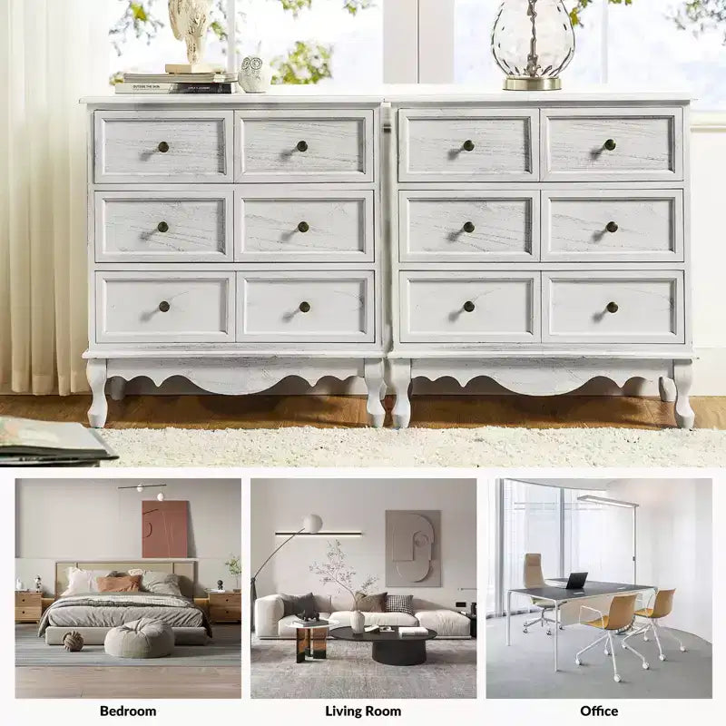 Ensemble de 2 commodes d'appoint traditionnelles Galatea de 81 cm en bois massif avec 3 tiroirs et station de charge | HULALA HOME