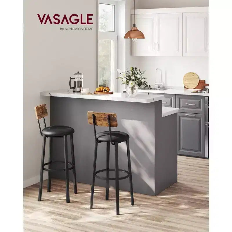 VASAGLE Tabourets de Bar, Lot de 2 Tabourets de Petit-Déjeuner Rembourrés en PU, Tabourets Hauts de 75,5 cm avec Dossier et Repose-Pieds, pour Salle à Manger, Comptoir de Cuisine, Bar