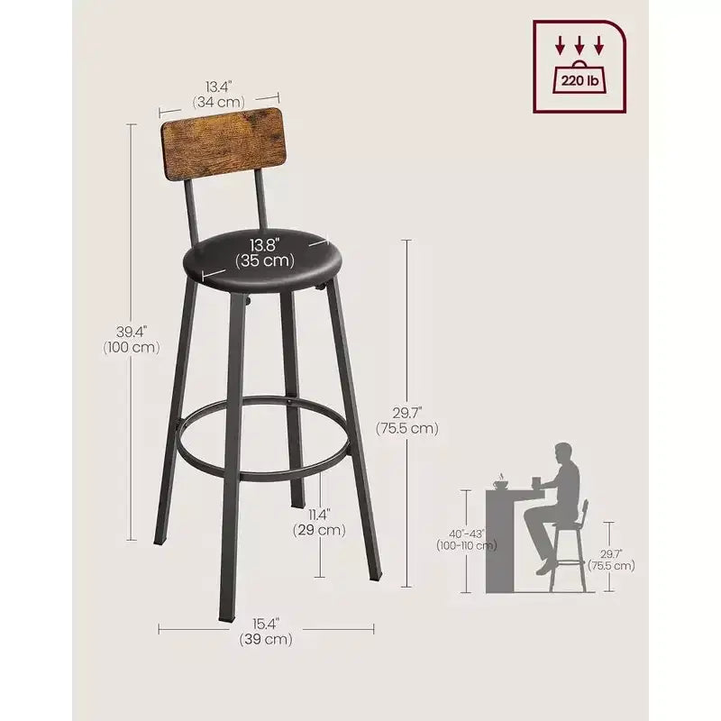 VASAGLE Tabourets de Bar, Lot de 2 Tabourets de Petit-Déjeuner Rembourrés en PU, Tabourets Hauts de 75,5 cm avec Dossier et Repose-Pieds, pour Salle à Manger, Comptoir de Cuisine, Bar