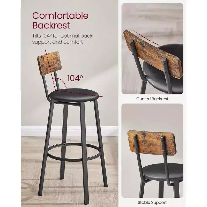 VASAGLE Tabourets de Bar, Lot de 2 Tabourets de Petit-Déjeuner Rembourrés en PU, Tabourets Hauts de 75,5 cm avec Dossier et Repose-Pieds, pour Salle à Manger, Comptoir de Cuisine, Bar