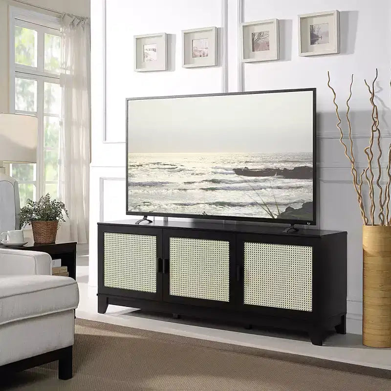 Meuble TV Sheridan moderne à 6 étagères en rotin pour téléviseurs jusqu'à 55" - Manhattan Comfort