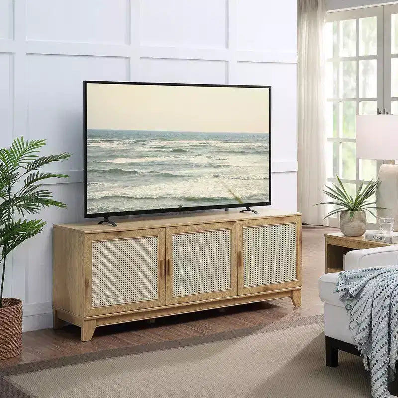 Meuble TV Sheridan moderne à 6 étagères en rotin pour téléviseurs jusqu'à 55" - Manhattan Comfort