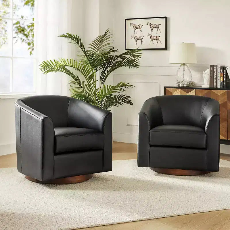 Lot de 2 fauteuils pivotants modernes Jessie de 77,5 cm de large en similicuir avec base en bois massif | ART OF LIVING DESIGNS