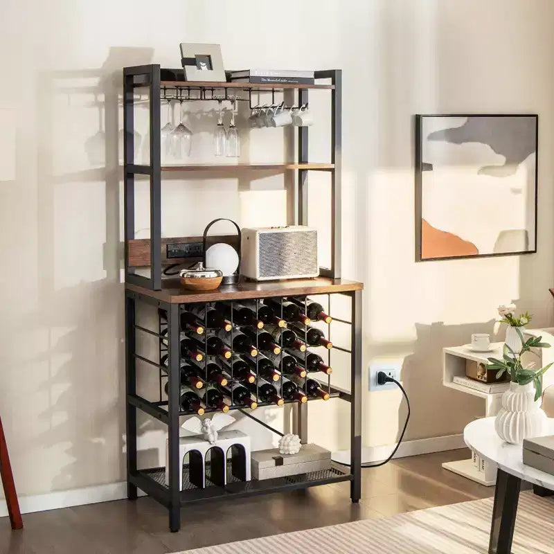 Meuble de bar à vin Costway avec étagères de rangement à 4 niveaux, porte-verres et porte-bouteilles, style industriel