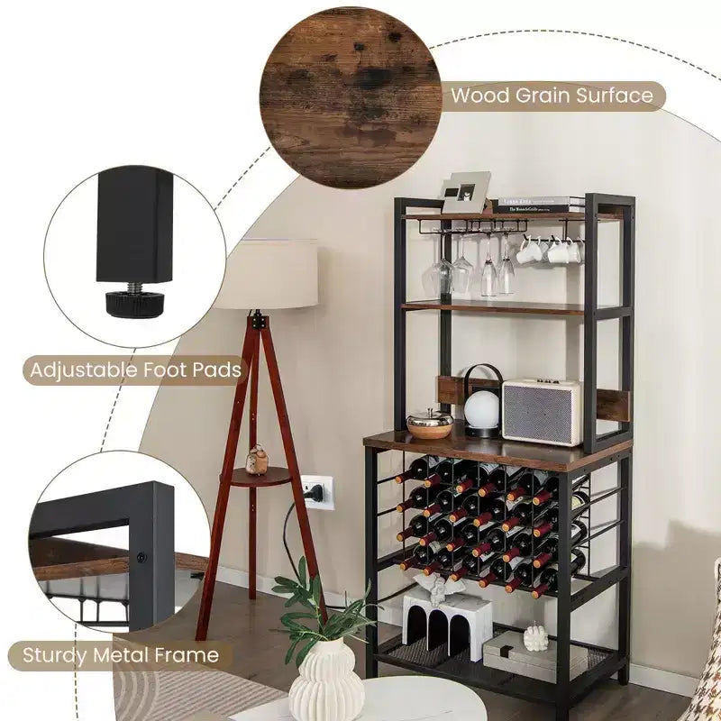 Meuble de bar à vin Costway avec étagères de rangement à 4 niveaux, porte-verres et porte-bouteilles, style industriel