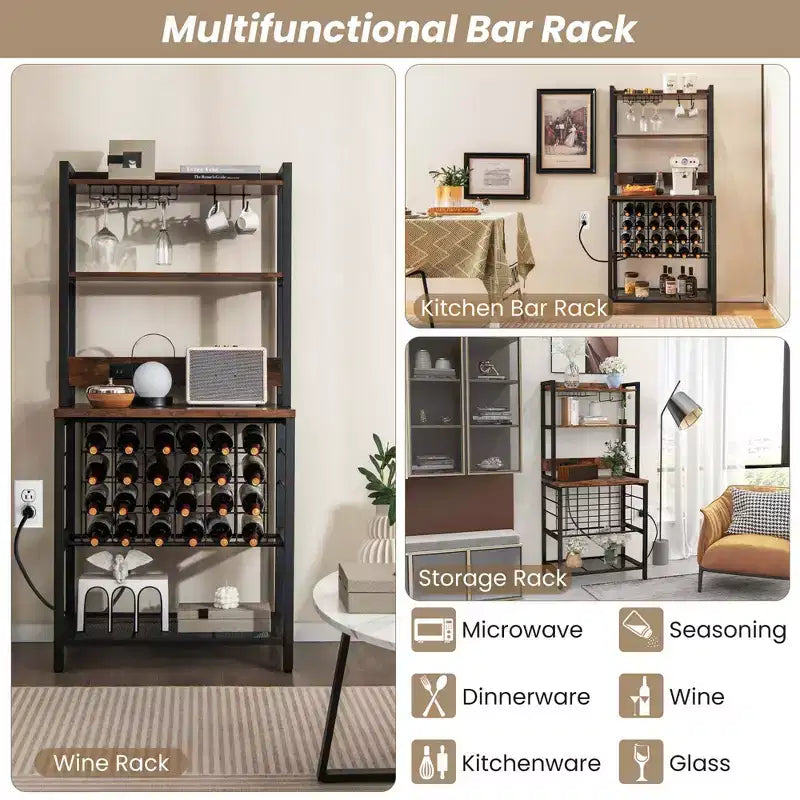 Meuble de bar à vin Costway avec étagères de rangement à 4 niveaux, porte-verres et porte-bouteilles, style industriel
