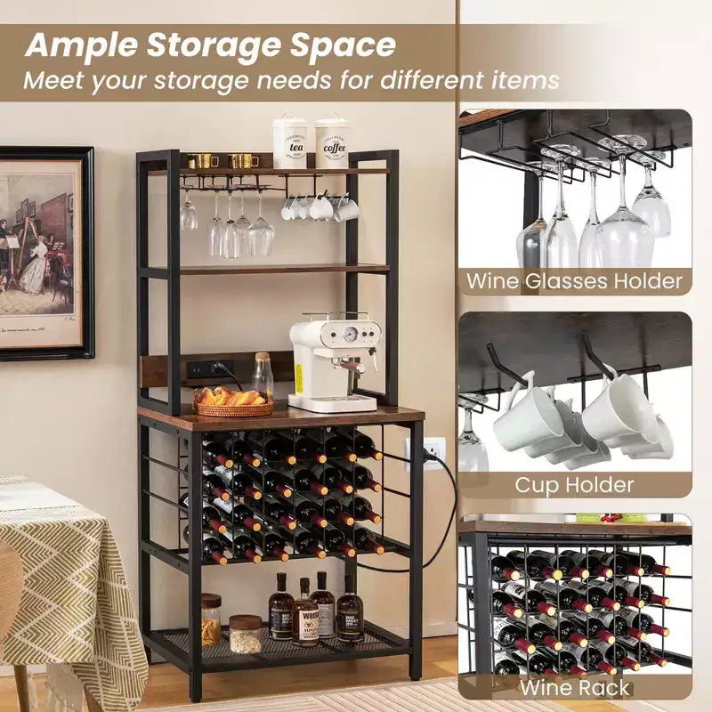 Meuble de bar à vin Costway avec étagères de rangement à 4 niveaux, porte-verres et porte-bouteilles, style industriel