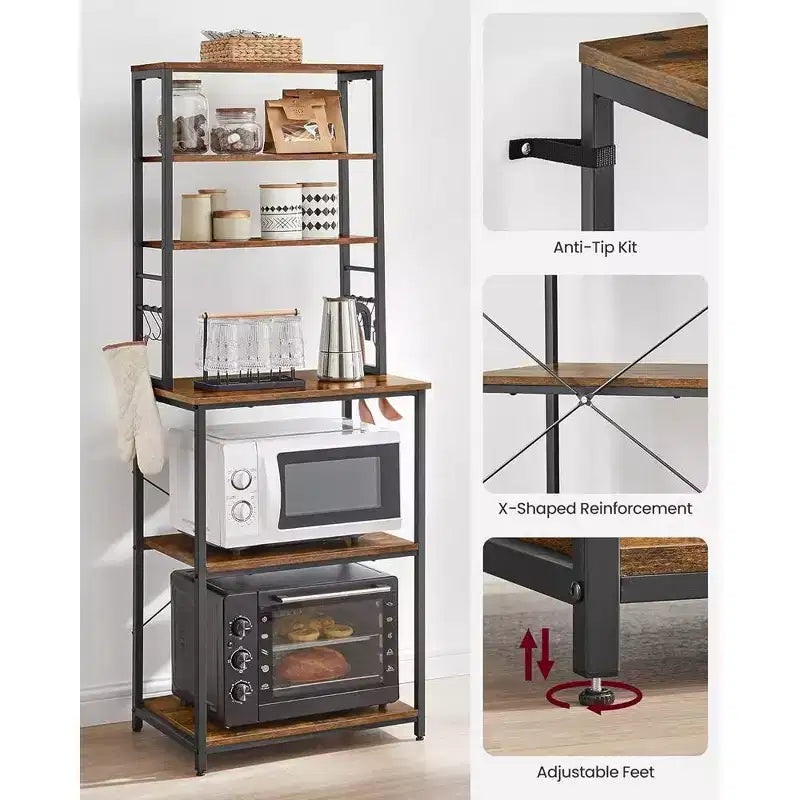 VASAGLE Étagère de Boulanger, Support de Four à Micro-ondes, Meuble de Rangement Haut de Cuisine, 6 Crochets et Cadre Métallique