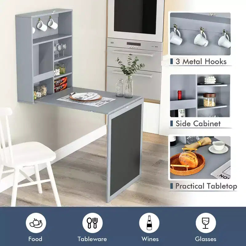 Costway Table Murale Pliante Convertible avec Tableau Noir Noir/Marron/Blanc/Gris